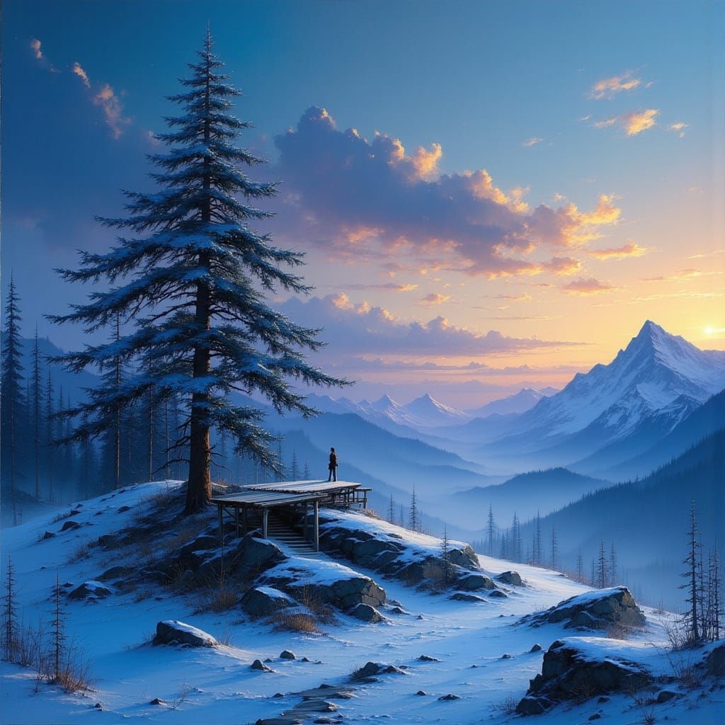 Solitary Fir Tree in Snowy Mountain Landscape at Dusk