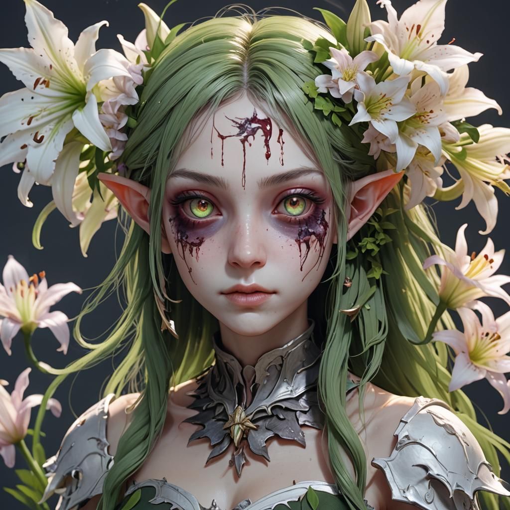 Zombie Elf with Lily Flowers in 3D Anime Art