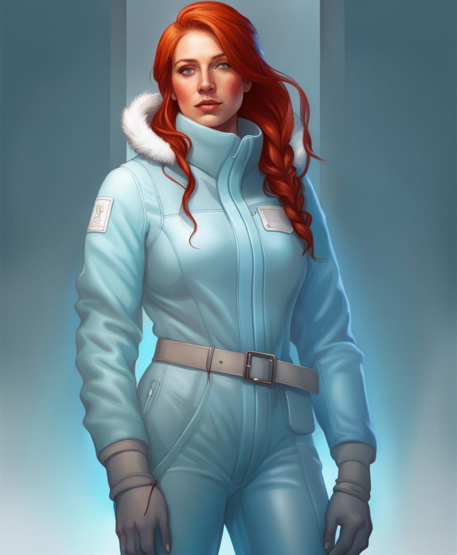 Red Haired Woman in Snowsuit, Detailed Digital Portrait