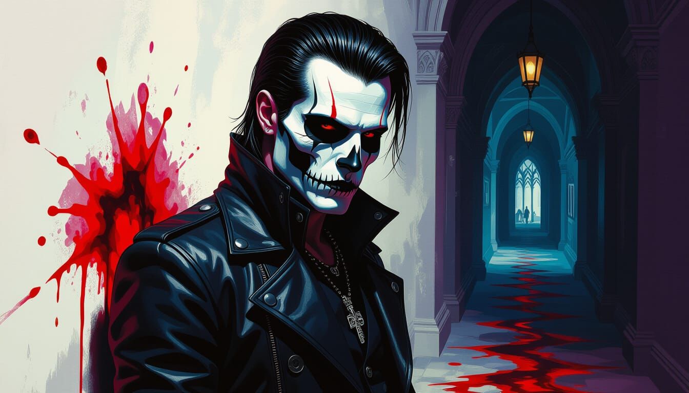 Gothic Man with Skull Face in Dark Hallway