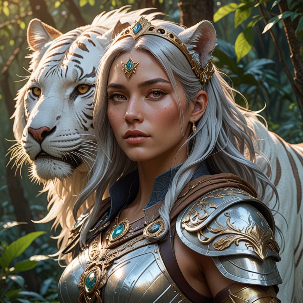 Ranger and White Tiger in Jungle, Fantasy Art