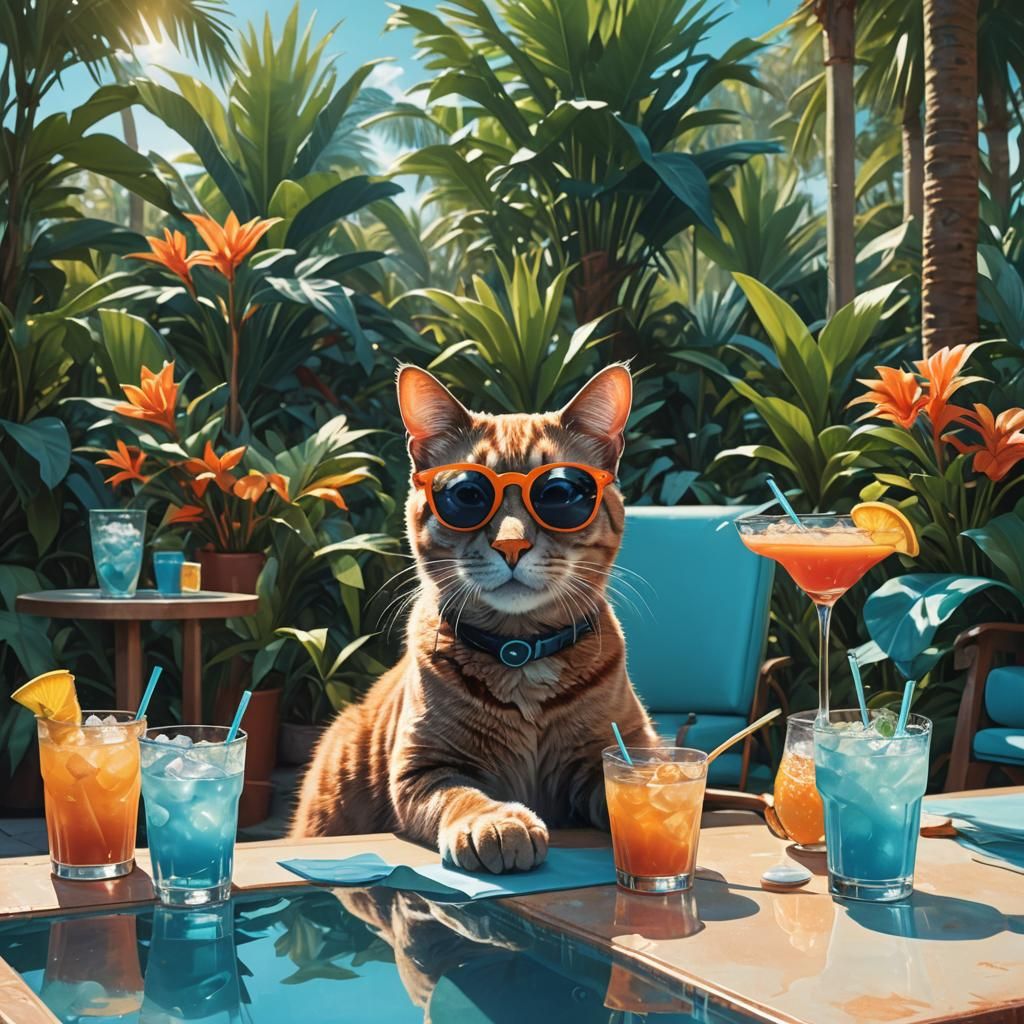 Cat in Sunglasses: Surreal Poolside Concept Art
