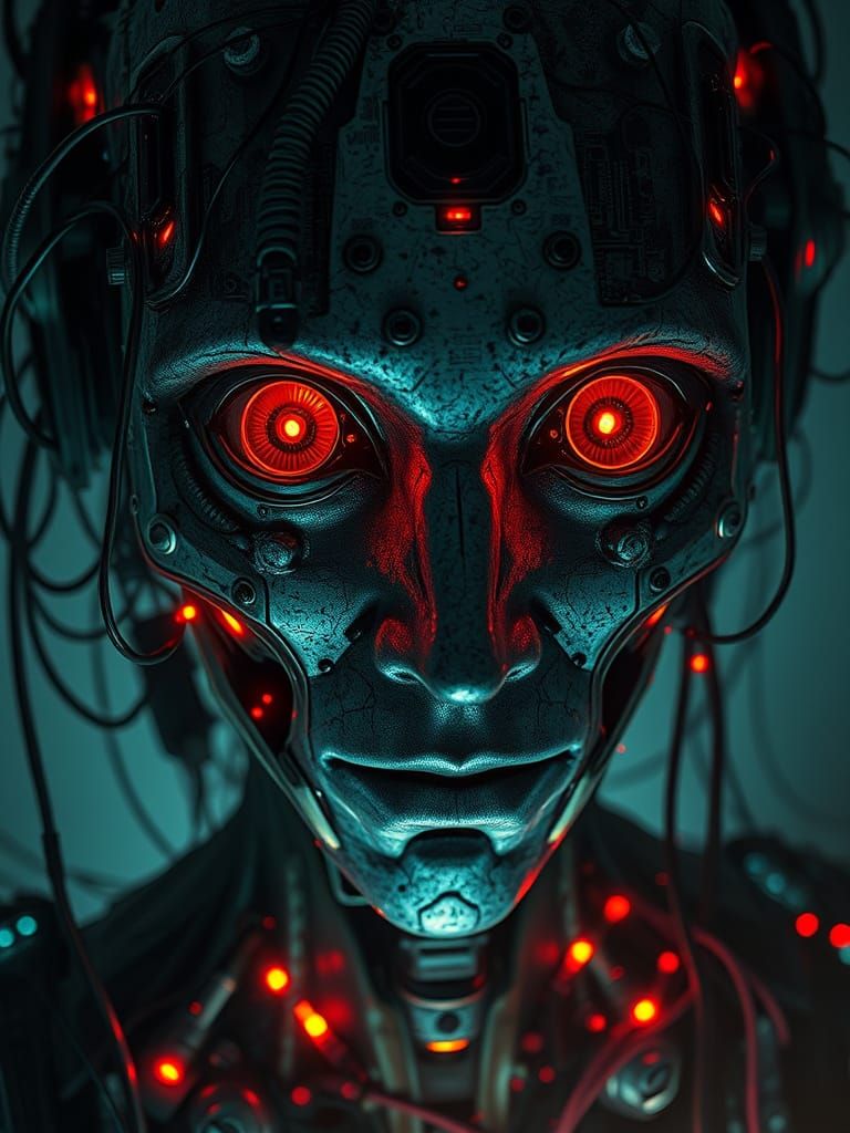 Cybernetic Entity in Decay, with Glowing Circuitry and Corro...