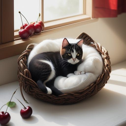 Adorable Kitten Sleeps on Plush Cherry Pillow