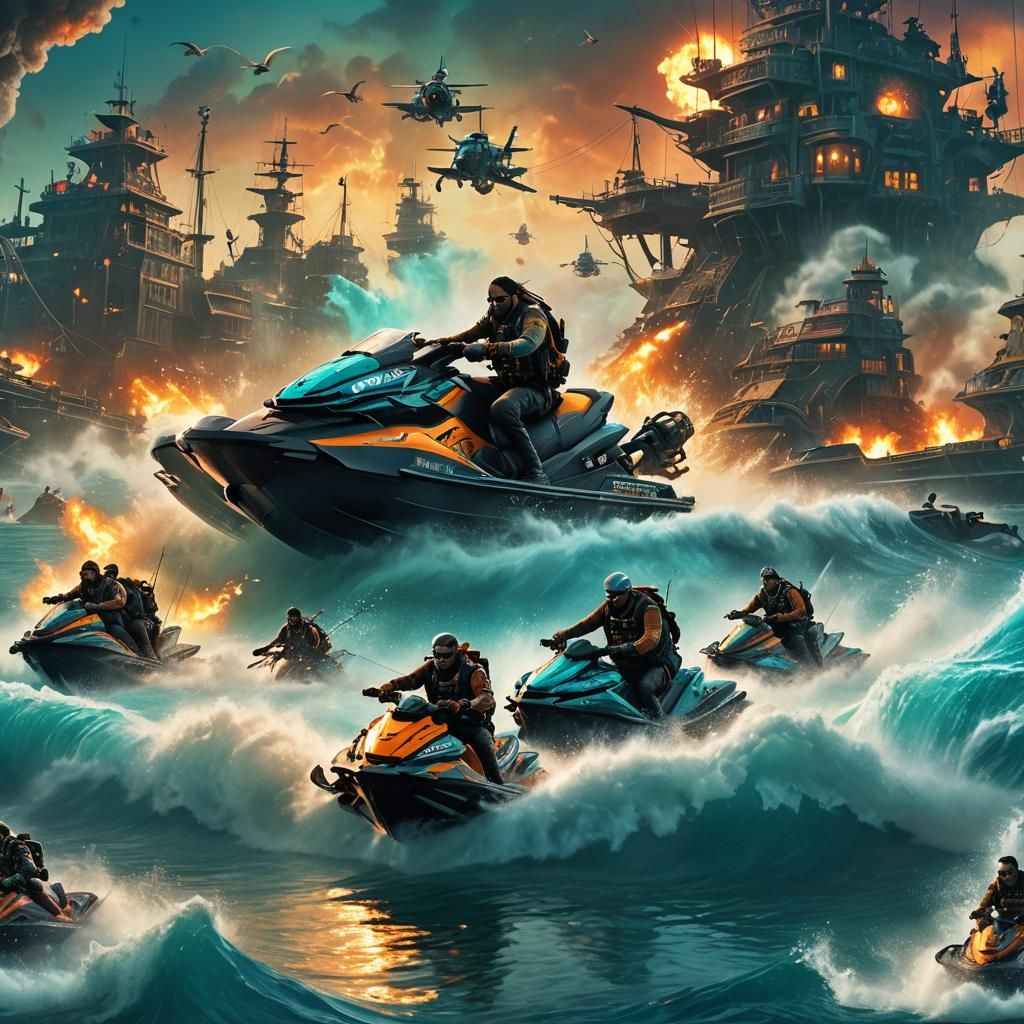 Pirates on Jet Skis in a Water World Concept Art