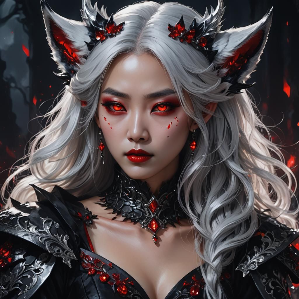 Korean Vampire Queen with Silver Hair and Fox Ears