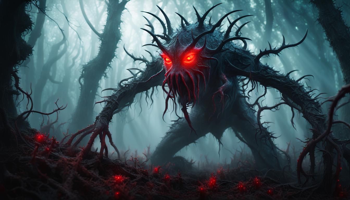Thorn Creature Emerges from Misty Forest
