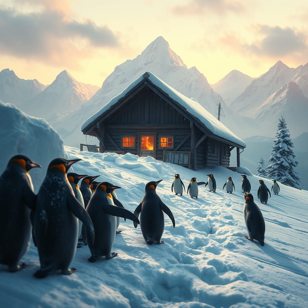 Epic Cinematic Penguins Descend Upon Snow-Capped Mountain Ca...
