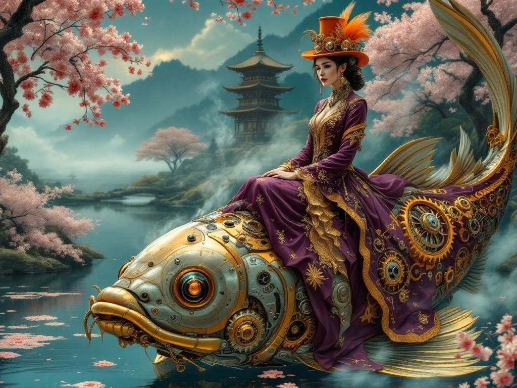 Steampunk Woman on Mechanical Koi in Hokusai Style