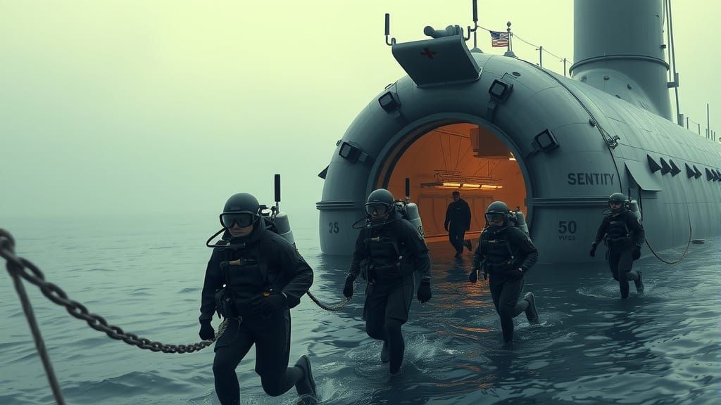 Navy Submarine Crew Departs in Atmospheric Scene
