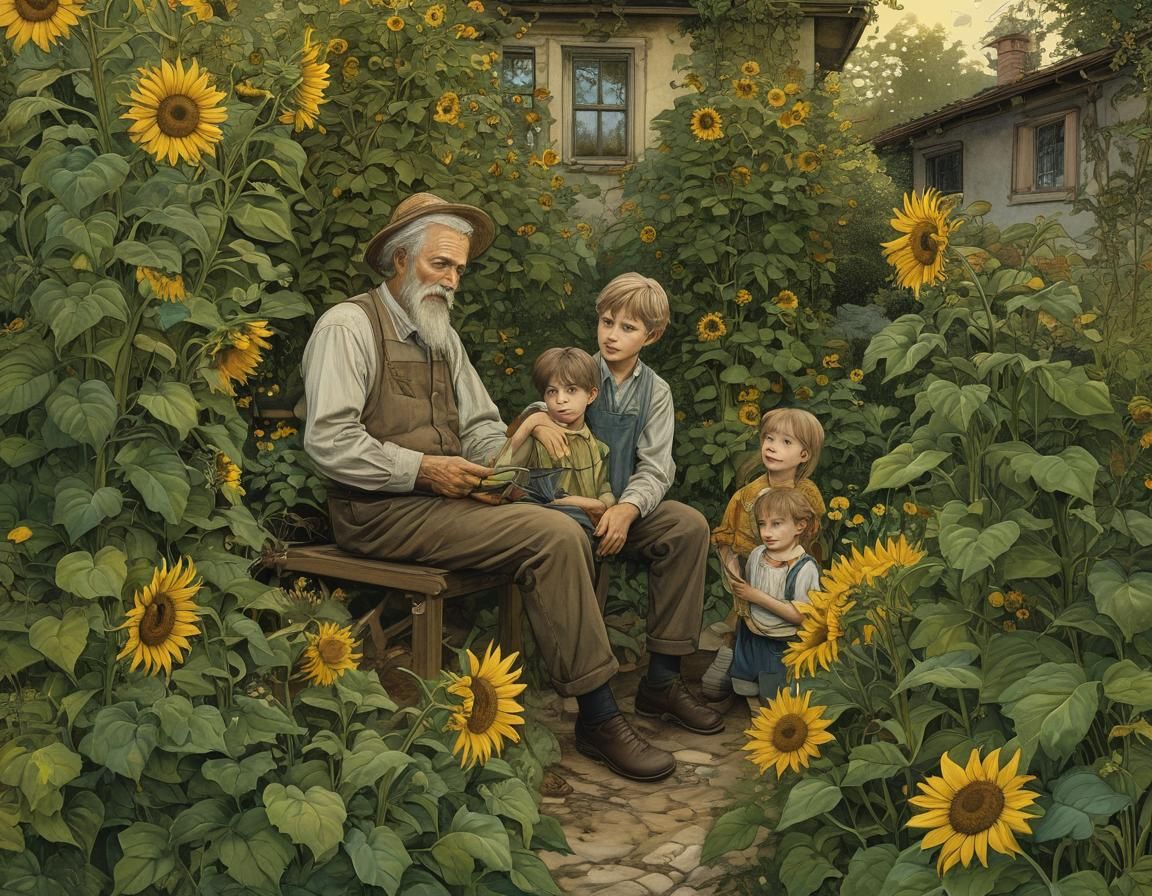 Sunflowers With Grandchildren: A Whimsical Illustration