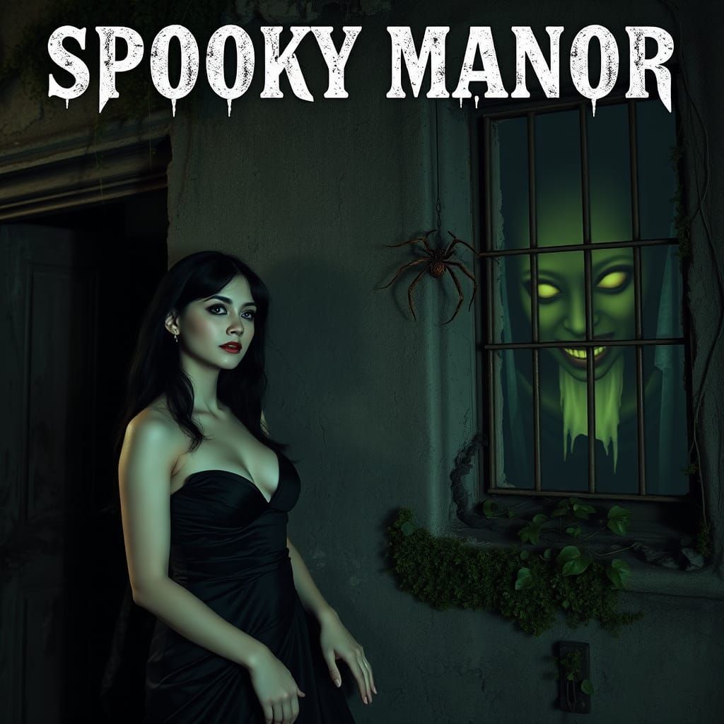 Gothic Woman in Ruined Victorian Mansion