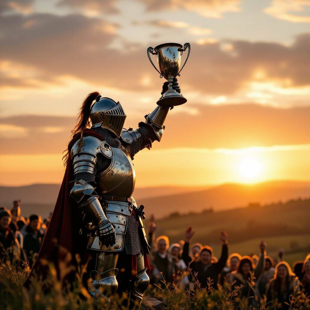 Knight Holds Trophy Atop Hill in Golden Sunset Light