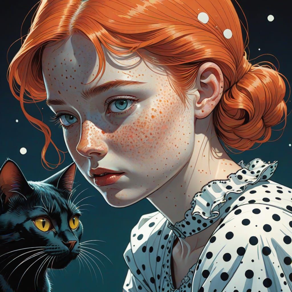 Comic Art Portrait of Girl and Black Cat