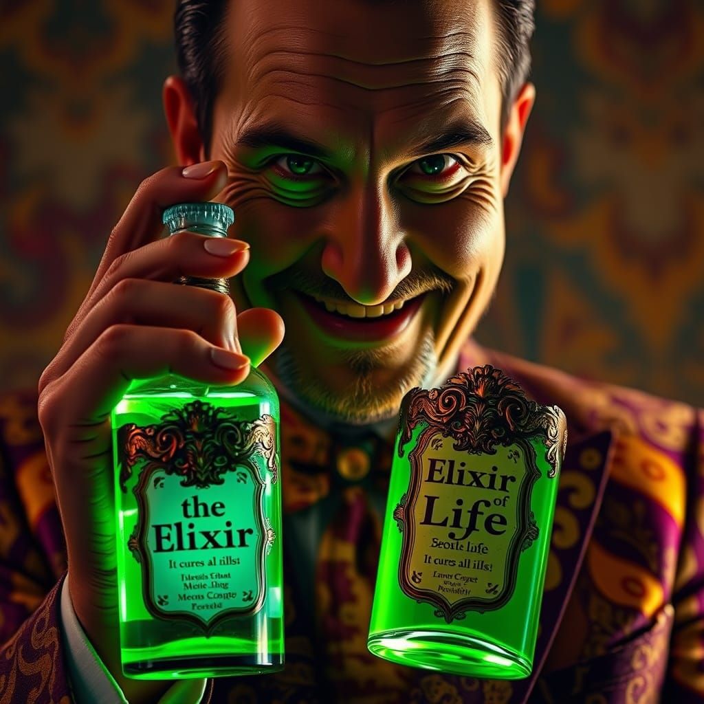 Charismatic Con Man Peddles Elixir of Life in Vibrant Suit