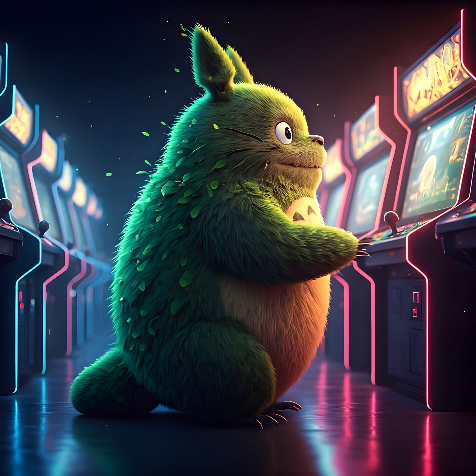Whimsical Totoro Spirit Plays Neon Arcade Games in Dreamy Fa...
