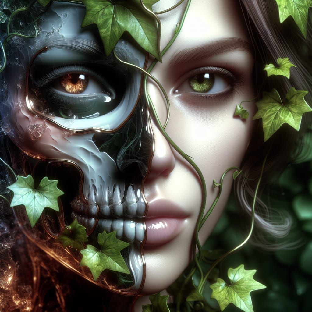 Glass Skeleton Portrait with Ivy and Dew