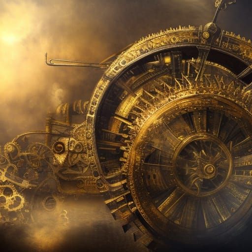 Steampunk Contraption with Gears and Steam in Gold and Silve...