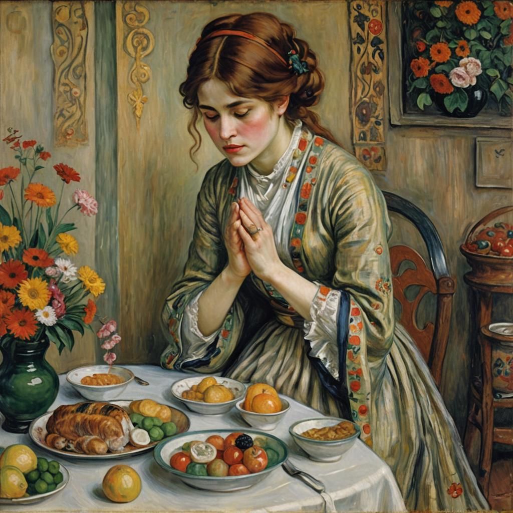 Woman Praying at Table in Blended Artistic Styles