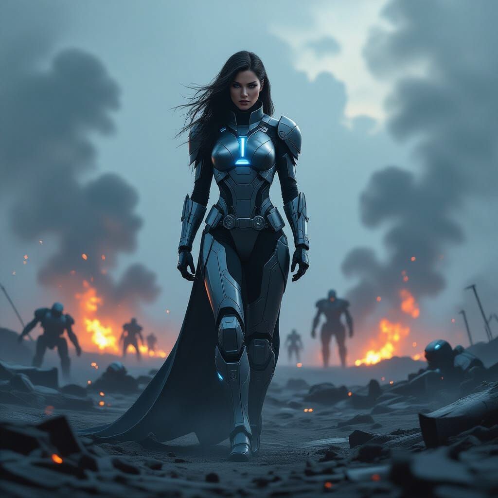 Powerful Woman in Battlesuit on Battlefield