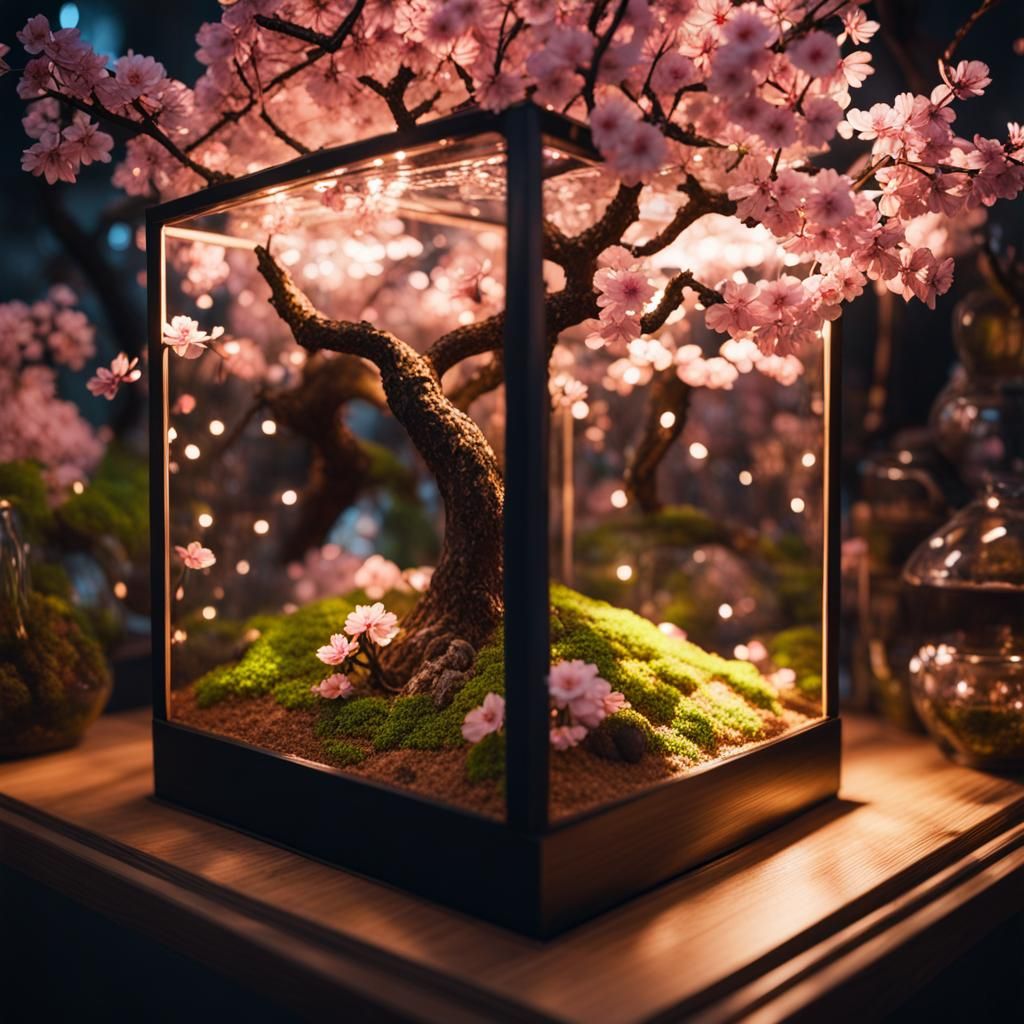 Luminous Sakura Tree Inside Cube Terrarium