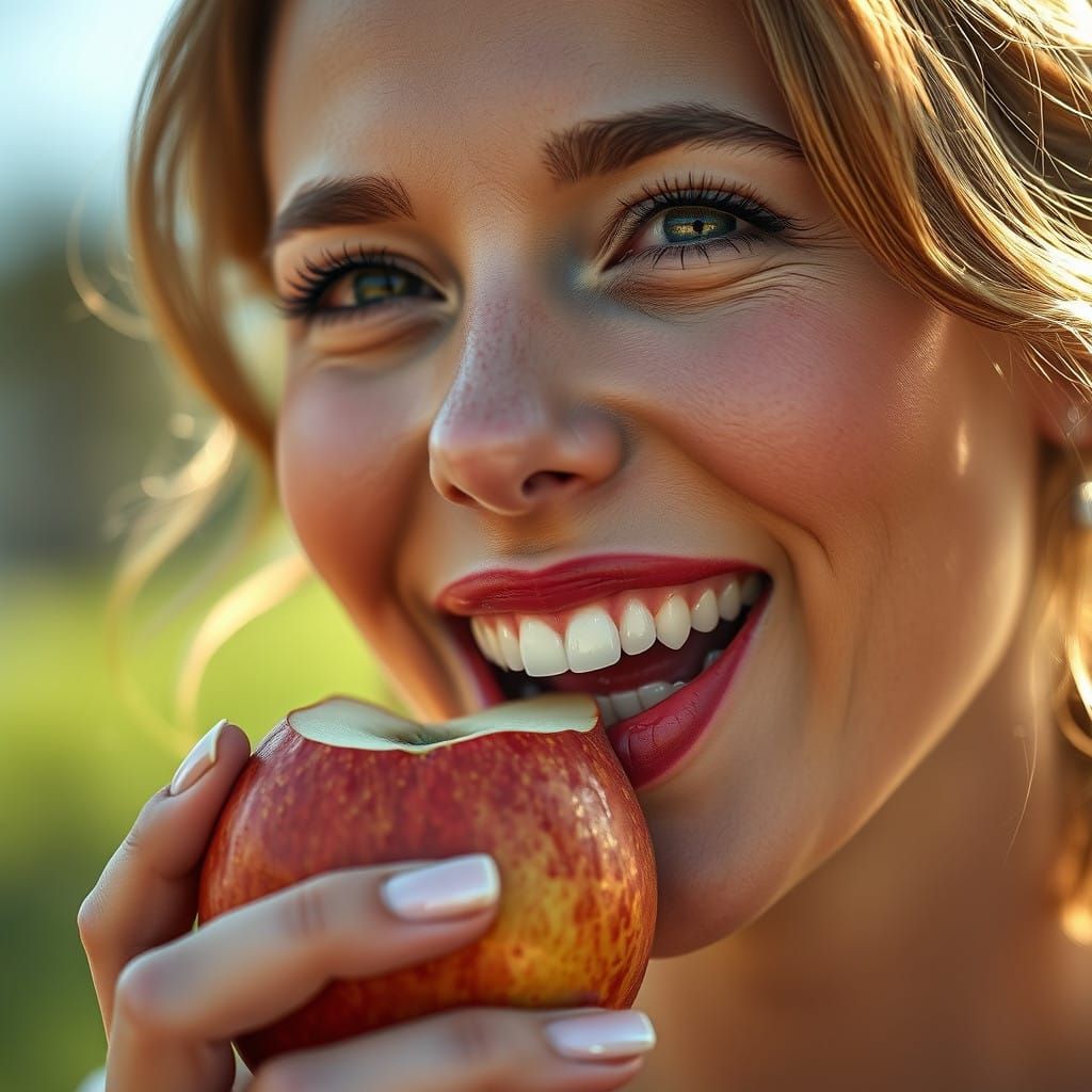 A beautiful woman likes much an apple