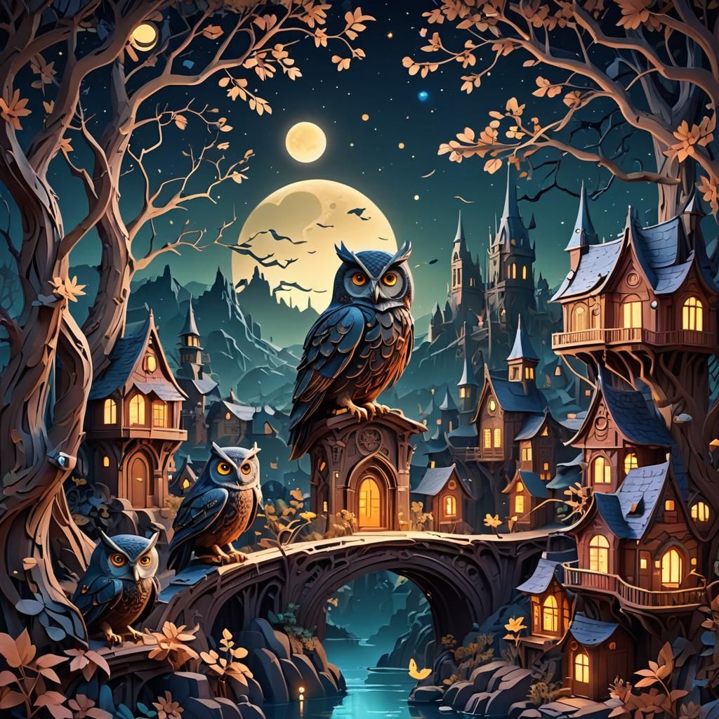 Papercut Style Owl at Night: Detailed Matte Painting