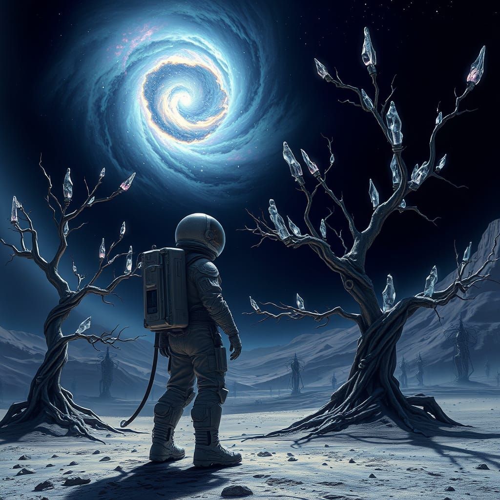Astronaut on Alien Moon Gazing at Nebula in Surreal Landscap...