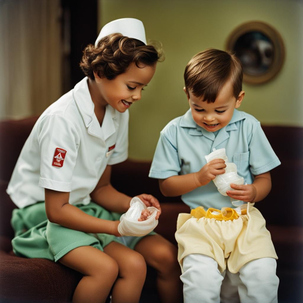 Boys in Diapers Being Fed by Nurse