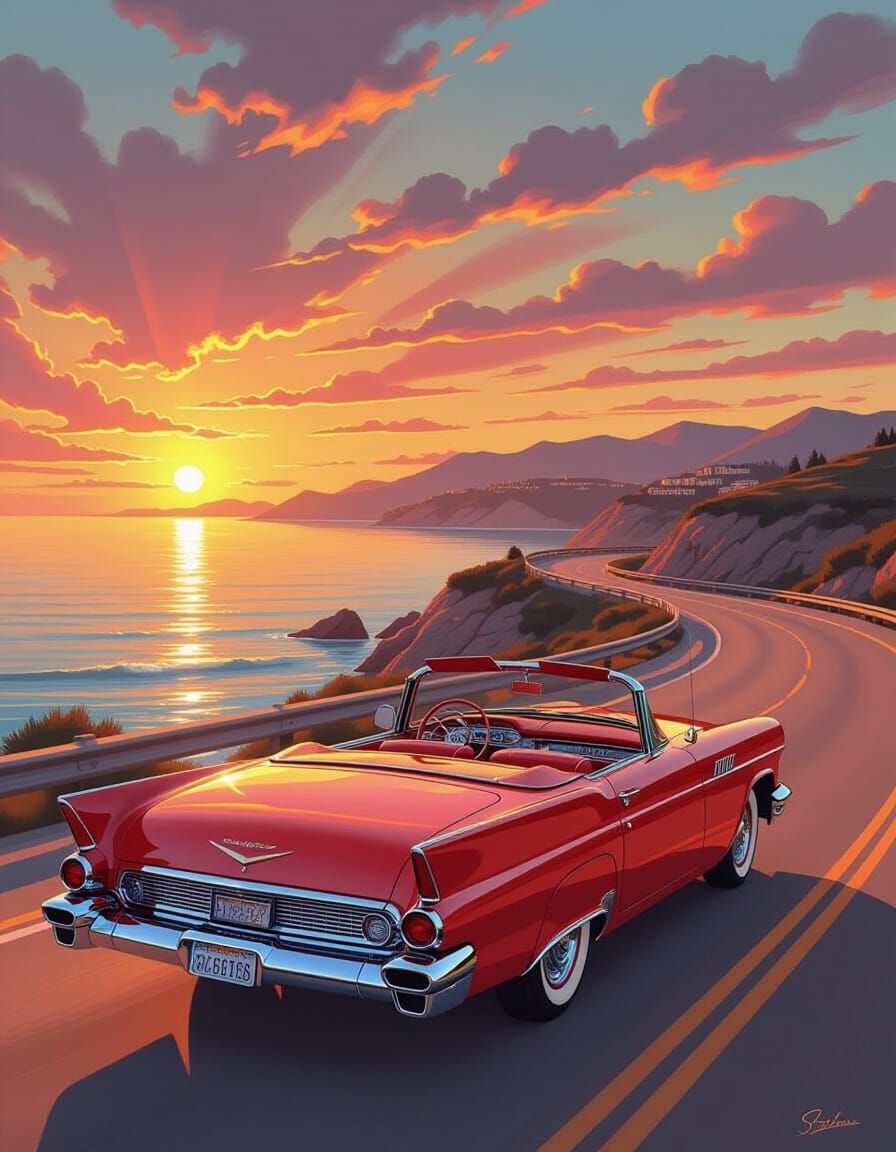 Vintage Convertible Cruises Coastal Highway at Sunset