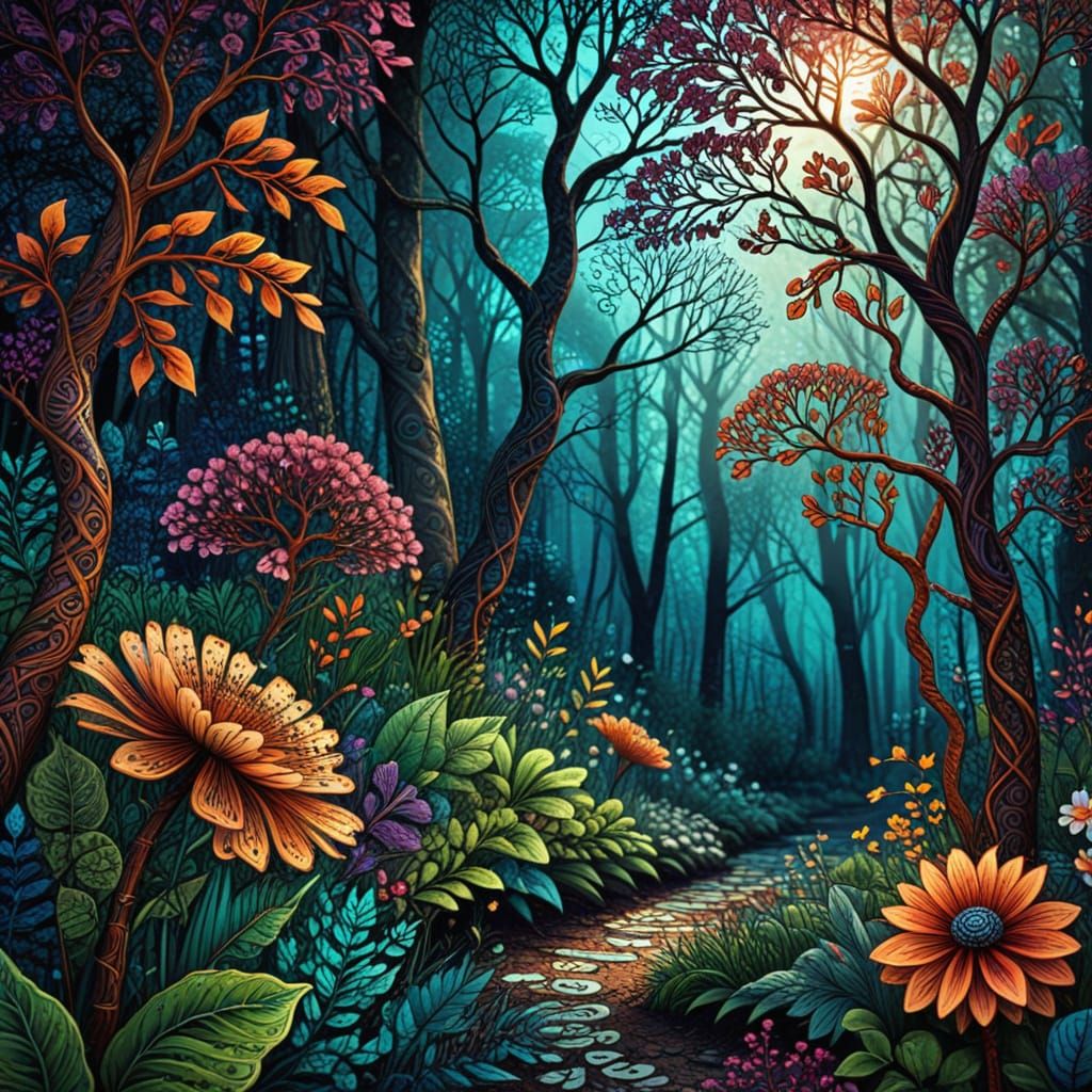 Fantastical Forest with Intricate Zentangle Patterns