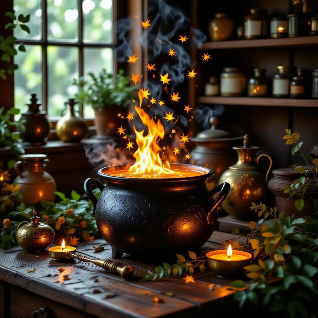 Enchanted Forest Potion Cauldron in Romantic Style