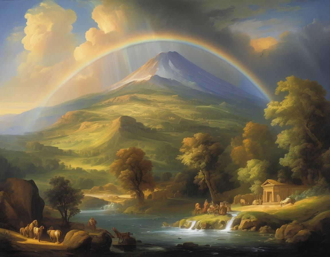 Serene Baroque Landscape with Noah's Ark and Rainbow