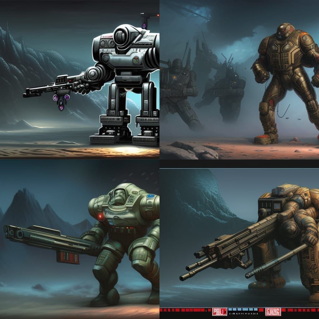 Robot Soldier with Big Gun in Detailed Matte Painting