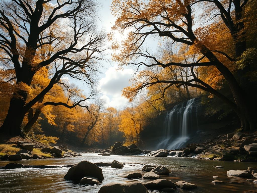 Majestic Oaks and Waterfalls in Warm Autumn Light