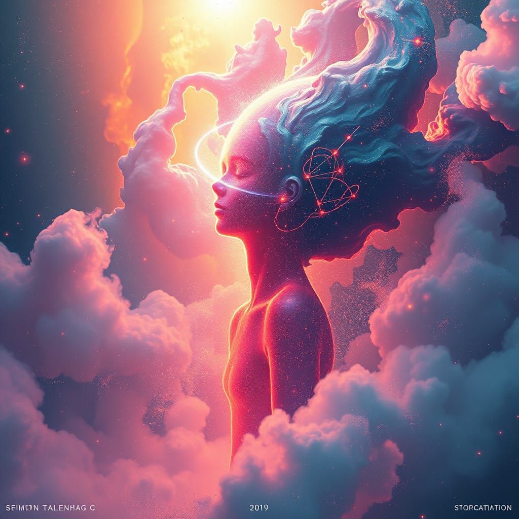 Cosmic Being in Dreamy Sci-Fi Landscape