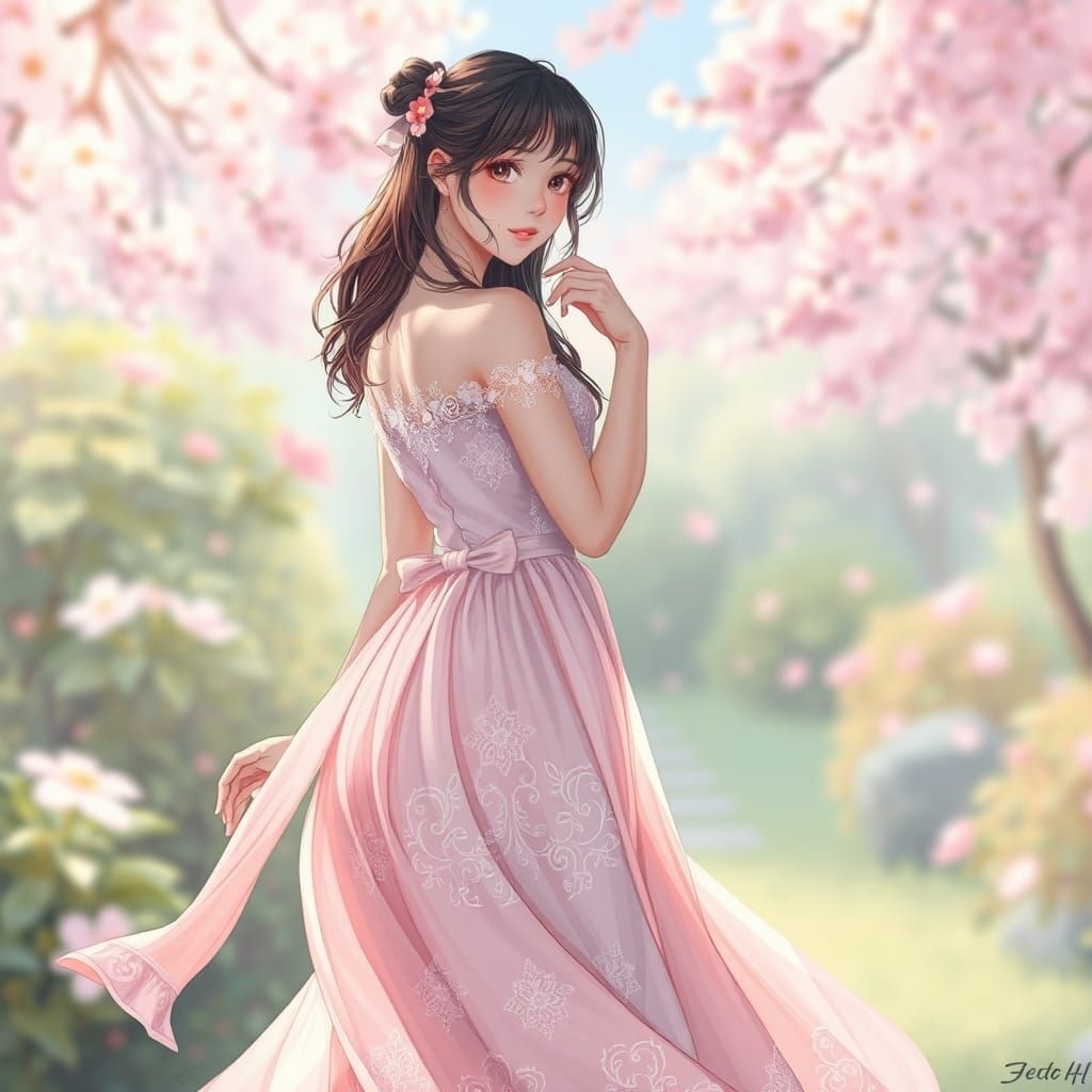 Elegant Woman in Pink Dress: Anime Key Visual Style