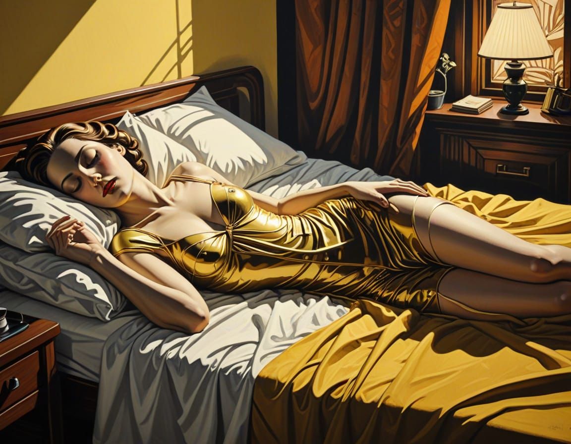 Art Deco Linocut: Sleeping Woman in Dimly Lit Bedroom