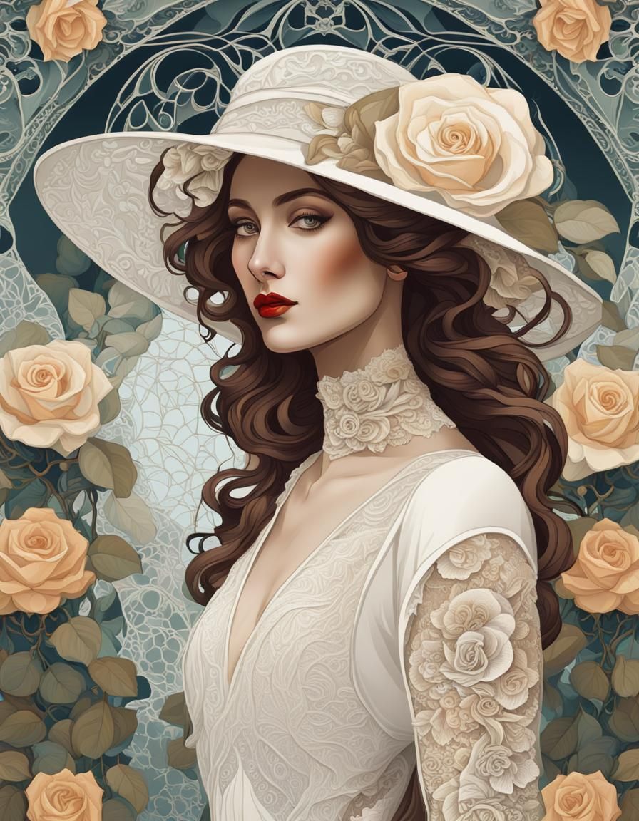 Romantic Lady in Art Nouveau Style With Roses