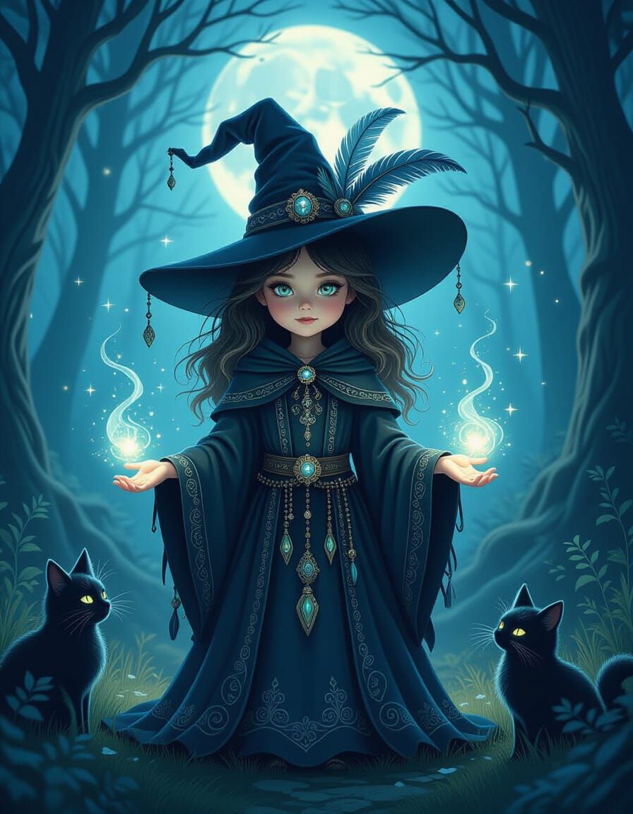 Mysterious Little Witch in Enchanted Forest at Twilight