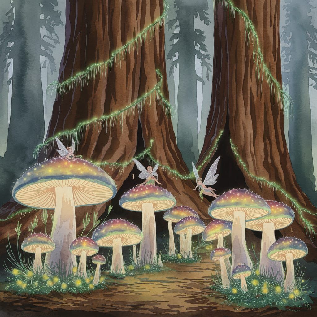 Enchanted Sequoia Grove with Bioluminescent Mushroom Village