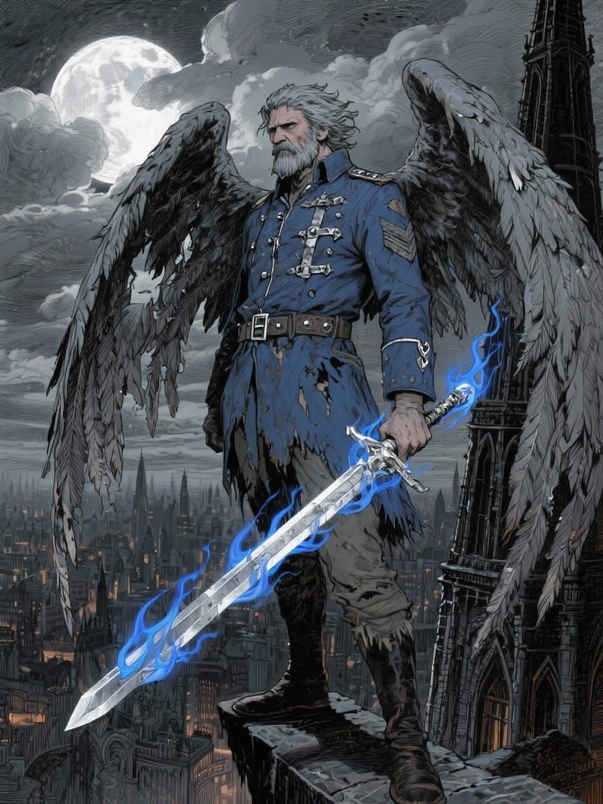 Fallen Angel with Fiery Sword on Spire Over Dark City