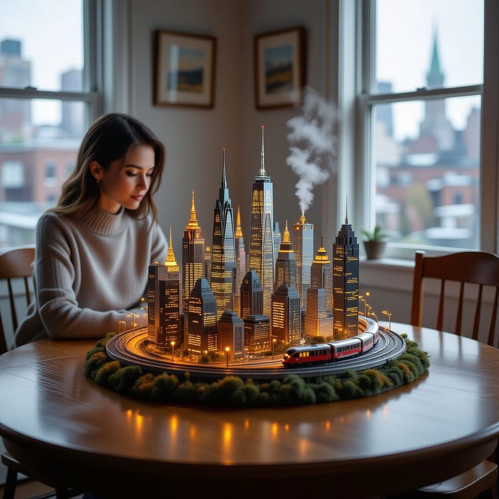 Miniature City Burgeoning on Wooden Tabletop