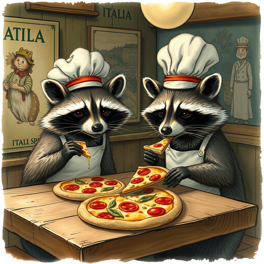 Raccoons Enjoying Pizza, Beatrix Potter Style