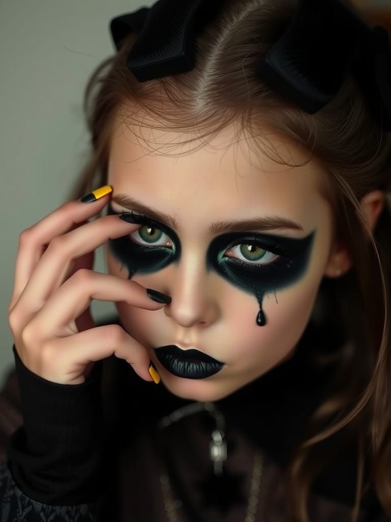 young gothling trying out black eye makeup for the first tim...