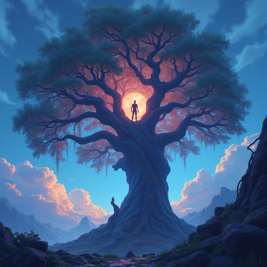 Mystical Man on Ancient Tree in Fantasy Art
