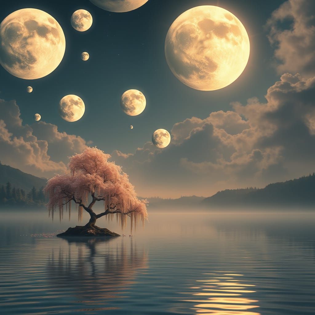 Surreal Dreamworld with Gargantuan Moons and Weeping Willow