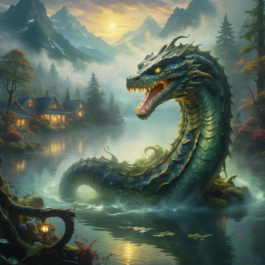 Vicious Sea Serpent in Misty Lake, Fantasy Realism