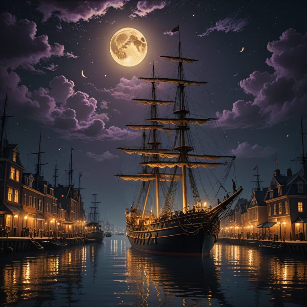 Majestic Sailing Ship Illuminated by Golden Lanterns in Vict...