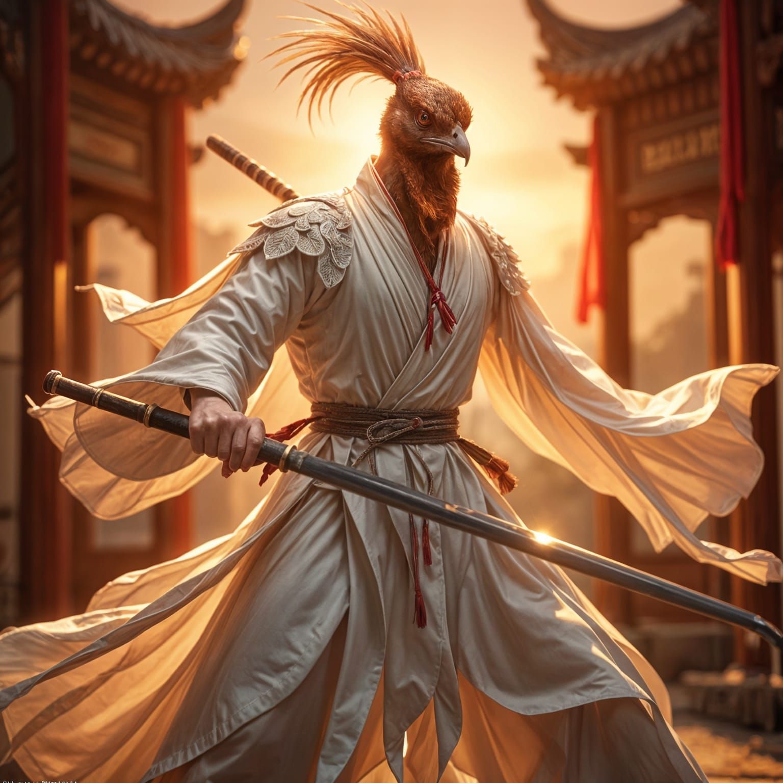 Humanoid Turkey Warrior in Daoist Robe with Broadsword